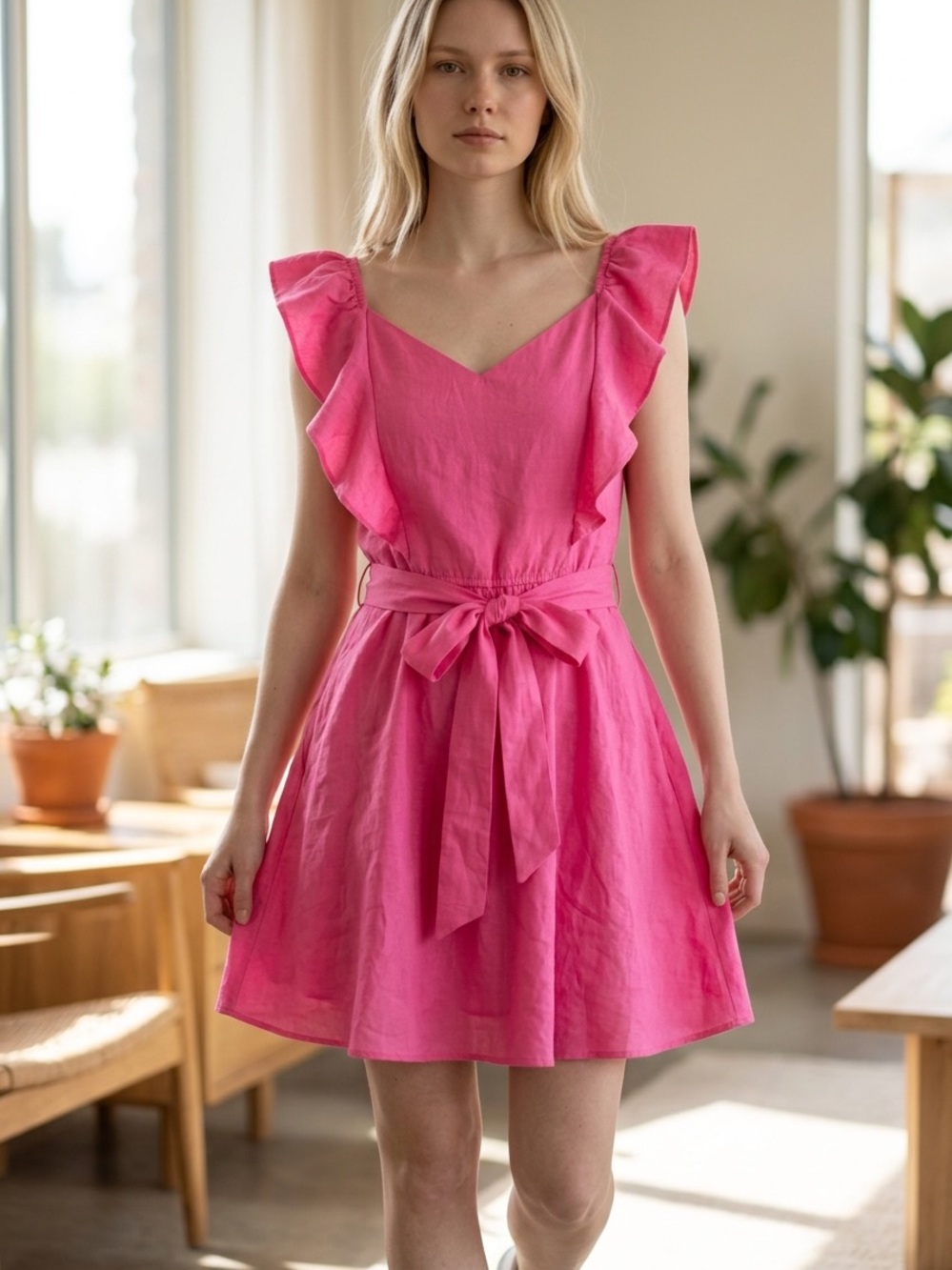 Trixxi Pink Ruffle Sleeve Dress with Belt